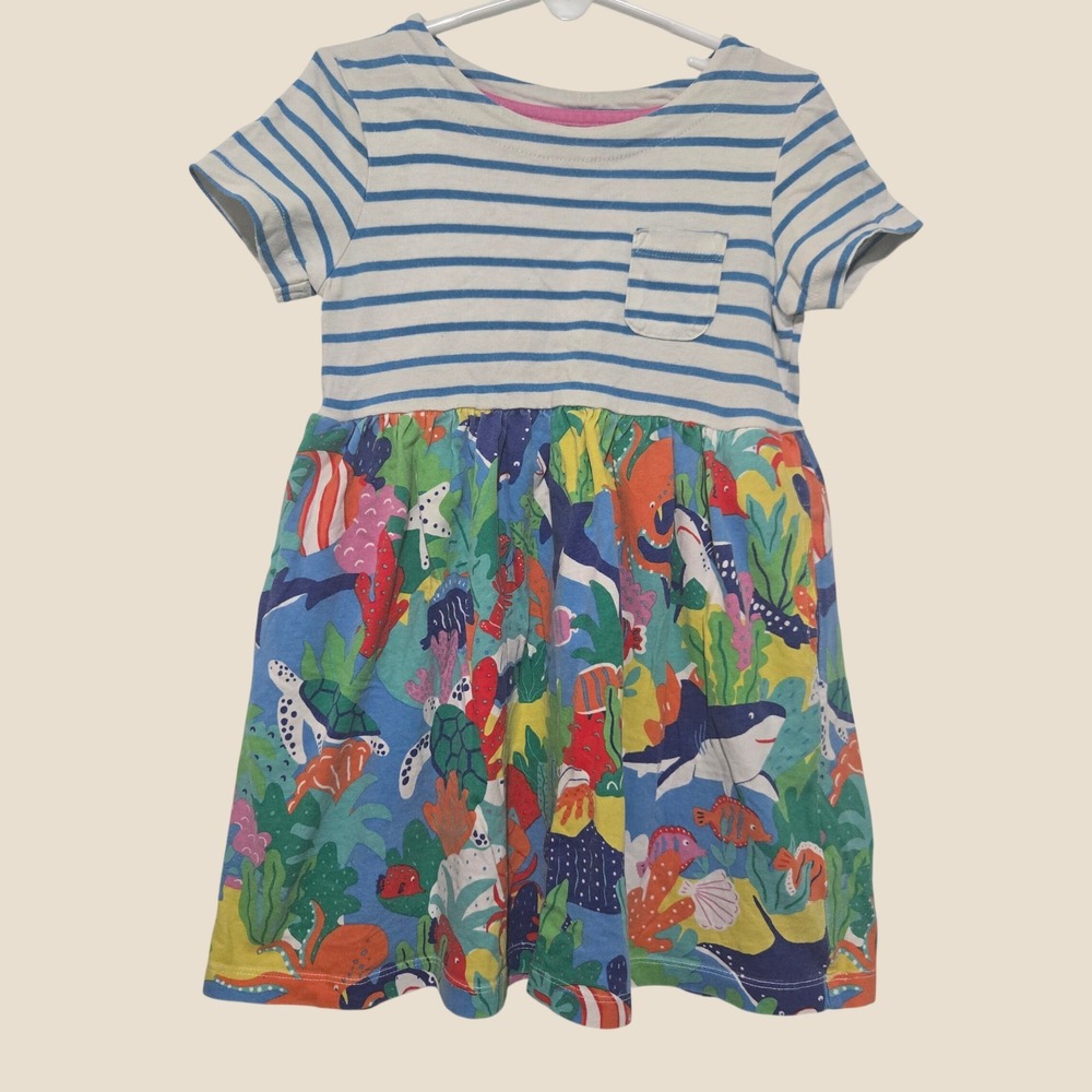 Mini Boden Girls Blue Striped Sea Creature Shark Cotton Jersey Dress 4-5Y